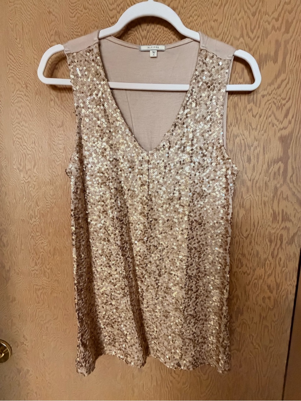 Pleione Champagne Sequin V-Neck Tank Top